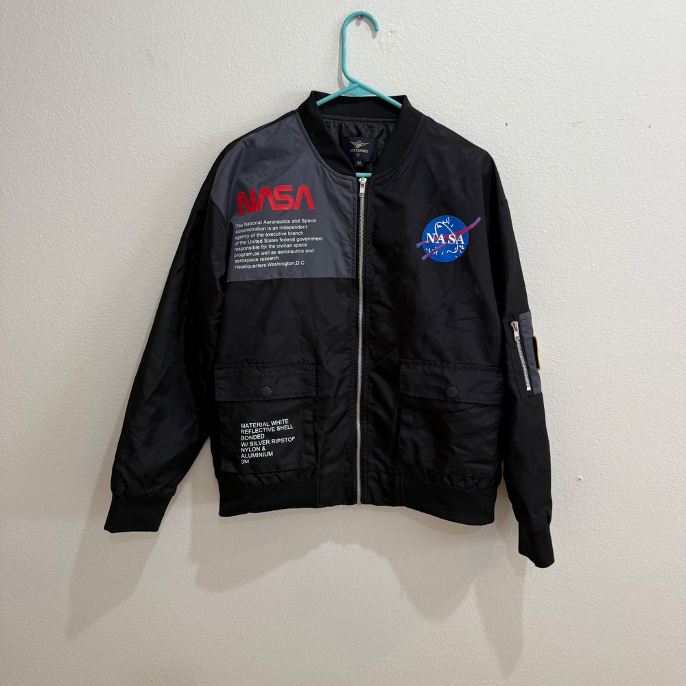 ASSTSERIES NASA Bomber Jacket Black Flight Jacket Space Logo Mens Medium